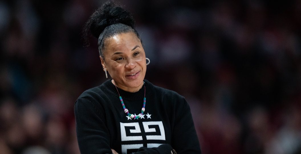COLUMBIA, SOUTH CAROLINA - FEBRUARY 18: Head coach Dawn Staley of the South Carolina Gamecocks looks on during their game against the Georgia Lady Bulldogs at Colonial Life Arena on February 18, 2024 in Columbia, South Carolina.