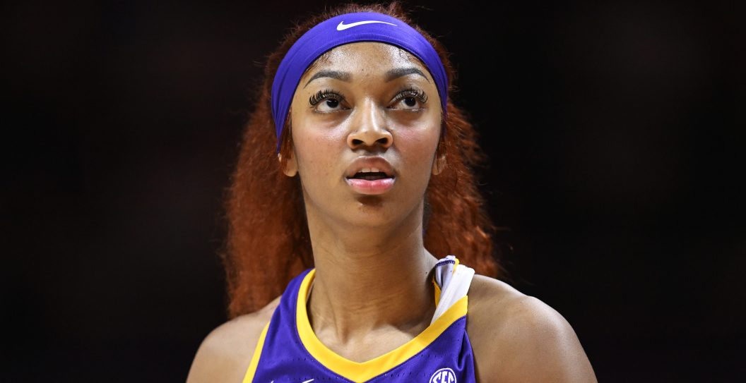 KNOXVILLE, TENNESSEE - FEBRUARY 25: Angel Reese #10 of the LSU Lady Tigers looks on against the Tennessee Lady Vols in the first quarter at Thompson-Boling Arena on February 25, 2024 in Knoxville, Tennessee.