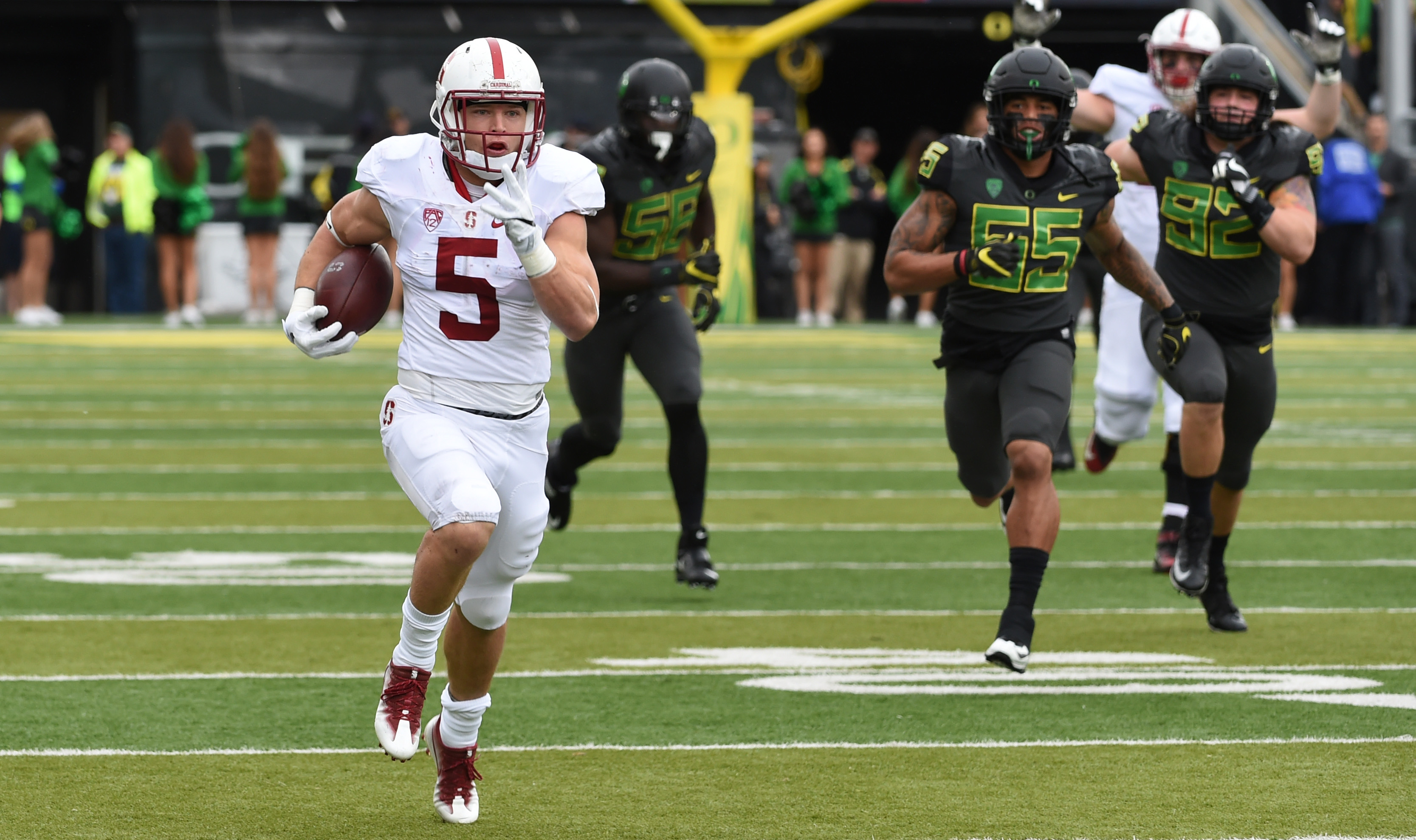 EUGENE, OR - NOVEMBER 12: Running back Christian McCaffrey #5 of the Stanford Cardinal heads for the end zone on a long touchdown run during the first quarter of the game against the Oregon Ducks at Autzen Stadium on November 12, 2016 in Eugene, Oregon.