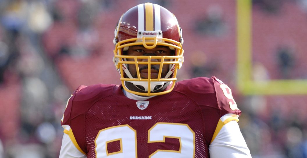 LANDOVER, MD - DECEMBER 6, 2009: Defensive lineman Albert Haynesworth #92 of the Washington Redskins prepares for a game against the New Orleans Saints on December 6, 2009 at Fedex Field in Landover, Maryland. The Saints beat the Redskins in overtime, 33-30 to advance to a 12-0 record.
