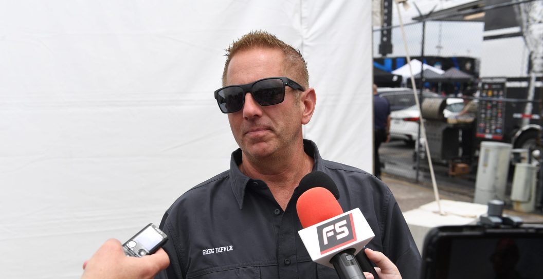 DARLINGTON, SC - MAY 14: Greg Biffle, named one of NASCAR's 75 Greatest Drivers speaks to the media prior to the running of the NASCAR Cup Series Goodyear 400 on May 14, 2023, at Darlington Raceway in Darlington, SC.