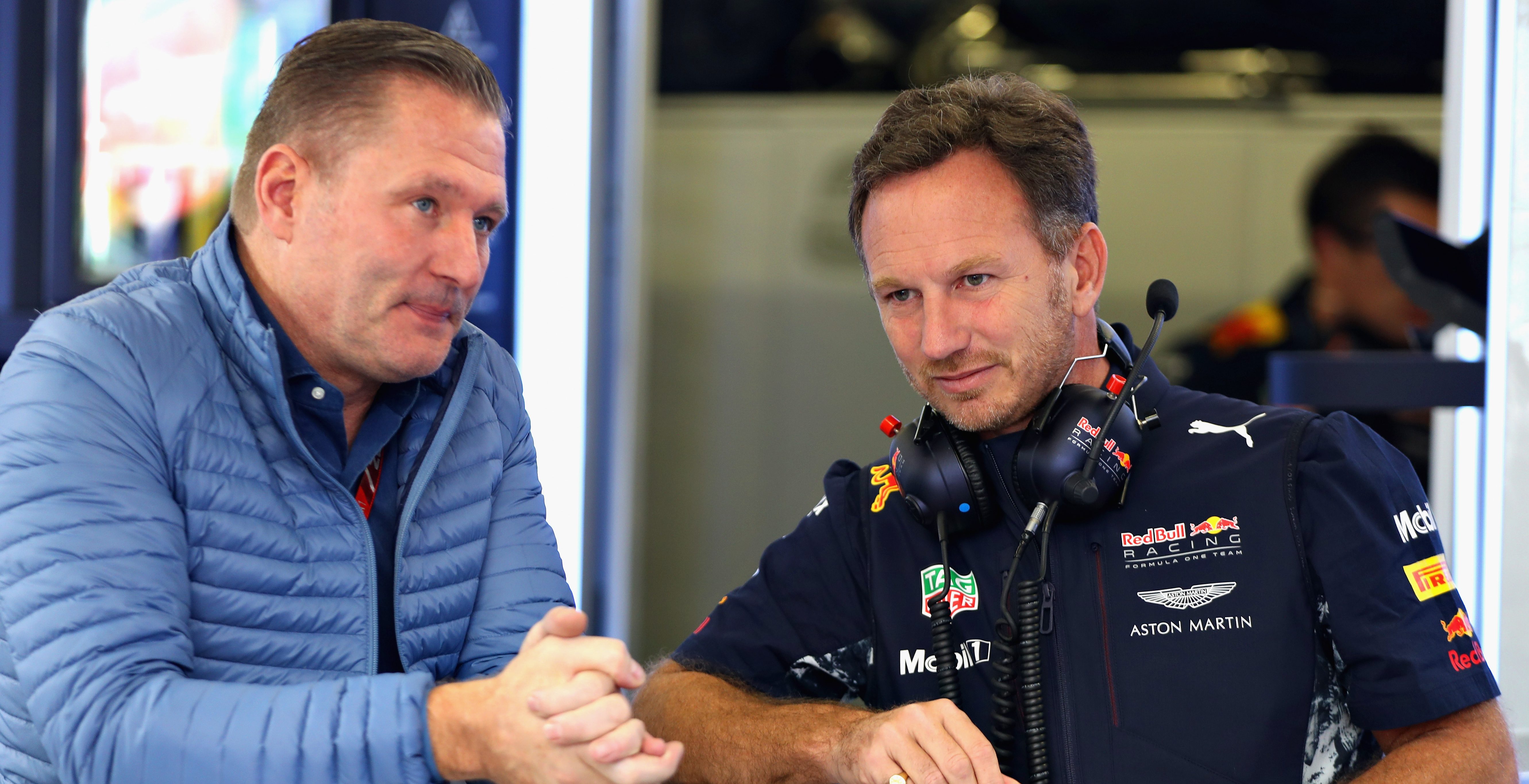 MEXICO CITY, MEXICO - OCTOBER 27: Red Bull Racing Team Principal Christian Horner talks with Jos Verstappen in the Red Bull Racing garage during practice for the Formula One Grand Prix of Mexico at Autodromo Hermanos Rodriguez on October 27, 2017 in Mexico City, Mexico.