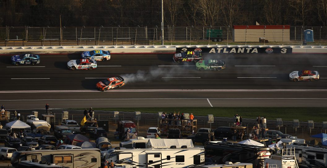 HAMPTON, GEORGIA - FEBRUARY 25: Chase Elliott, driver of the #9 Hooters Chevrolet, spins after an on-track incident during the NASCAR Cup Series Ambetter Health 400 at Atlanta Motor Speedway on February 25, 2024 in Hampton, Georgia.
