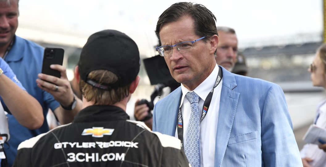 INDIANAPOLIS, IN - JULY 31: IMS President Doug Boles comes to the yard of bricks to congratulate Tyler Reddick (#8 Richard Childress Racing 3CHI Chevrolet) for winning the NASCAR Cup Series Verizon 200 at the Brickyard on the Indianapolis Motor Speedway Road Course in Speedway, Indiana. (