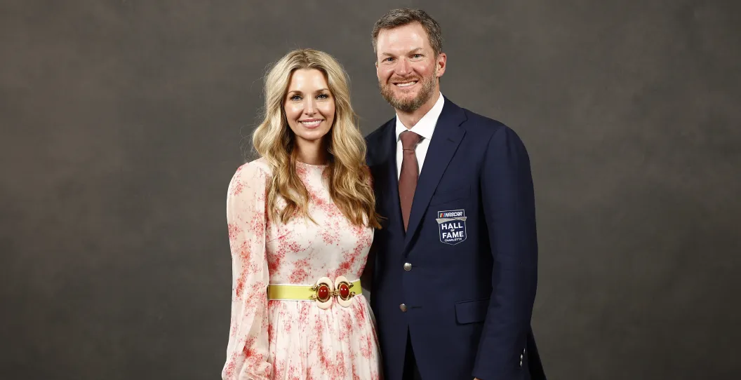 CHARLOTTE, NORTH CAROLINA - JANUARY 21: NASCAR Hall of Fame inductee Dale Earnhardt Jr. and wife Amy Earnhardt pose for a portrait during the 2021 NASCAR Hall of Fame Induction Ceremony at NASCAR Hall of Fame on January 21, 2022 in Charlotte, North Carolina.