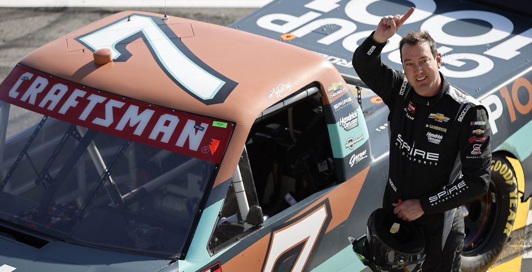 HAMPTON, GEORGIA - FEBRUARY 24: Kyle Busch, driver of the #7 Group 1001 Chevrolet, celebrates after winning the NASCAR Craftsman Truck Series Fr8 208 at Atlanta Motor Speedway on February 24, 2024 in Hampton, Georgia.