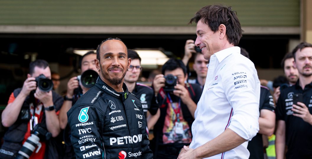 ABU DHABI, UNITED ARAB EMIRATES - NOVEMBER 23: Lewis Hamilton of Great Britain and Mercedes-AMG PETRONAS F1 Team and Toto Wolff of Mercedes-AMG PETRONAS F1 Team looks on during previews ahead of the F1 Grand Prix of Abu Dhabi at Yas Marina Circuit on November 23, 2023 in Abu Dhabi, United Arab Emirates.