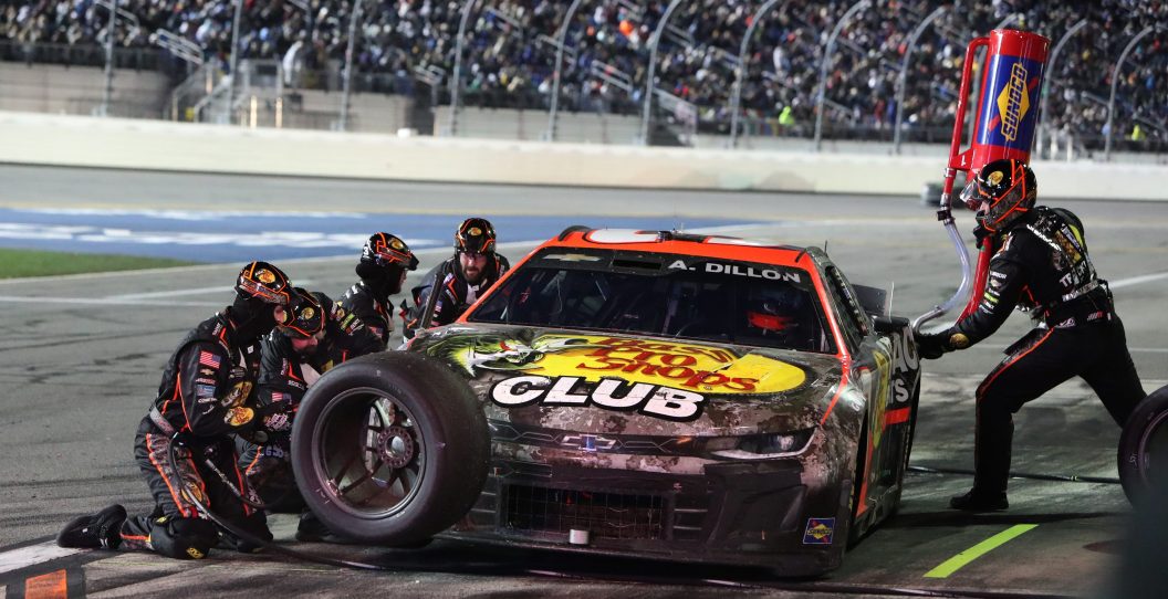 DAYTONA, FL - FEBRUARY 19: Austin Dillon (#3 Richard Childress Racing Bass Pro Shops Chevrolet) pit crew performs a pit stop during the running of the NASCAR Cup Series Daytona 500 on February 19, 2024 at Daytona International Speedway in Daytona Beach, FL.
