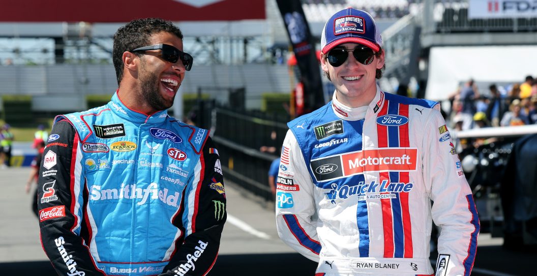LONG POND, PA - JUNE 11: Darrell Wallace Jr., driver of the #43 Smithfield Ford, and Ryan Blaney, driver of the #21 Motorcraft/Quick Lane Tire & Auto Center Ford, pose for a photo opportunity prior to the Monster Energy NASCAR Cup Series Axalta presents the Pocono 400 at Pocono Raceway on June 11, 2017 in Long Pond, Pennsylvania. Wallace will make his Monster Energy NASCAR Cup Series debut today at Pocono Raceway.