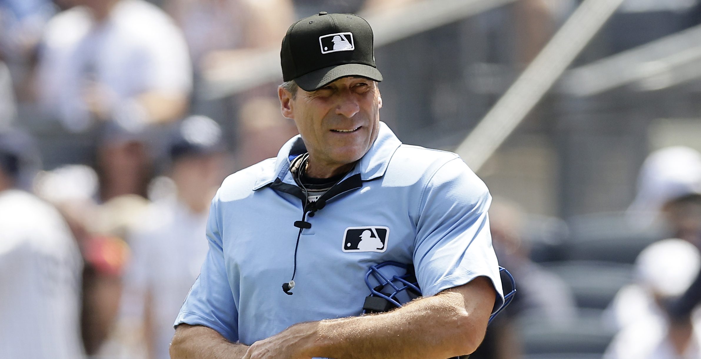 NEW YORK, NEW YORK - AUGUST 06: (NEW YORK DAILIES OUT) Home plate umpire Angel Hernandez works a game between the New York Yankees and the Houston Astros at Yankee Stadium on August 06, 2023 in the Bronx borough of New York City. The Astros defeated the Yankees 9-7.