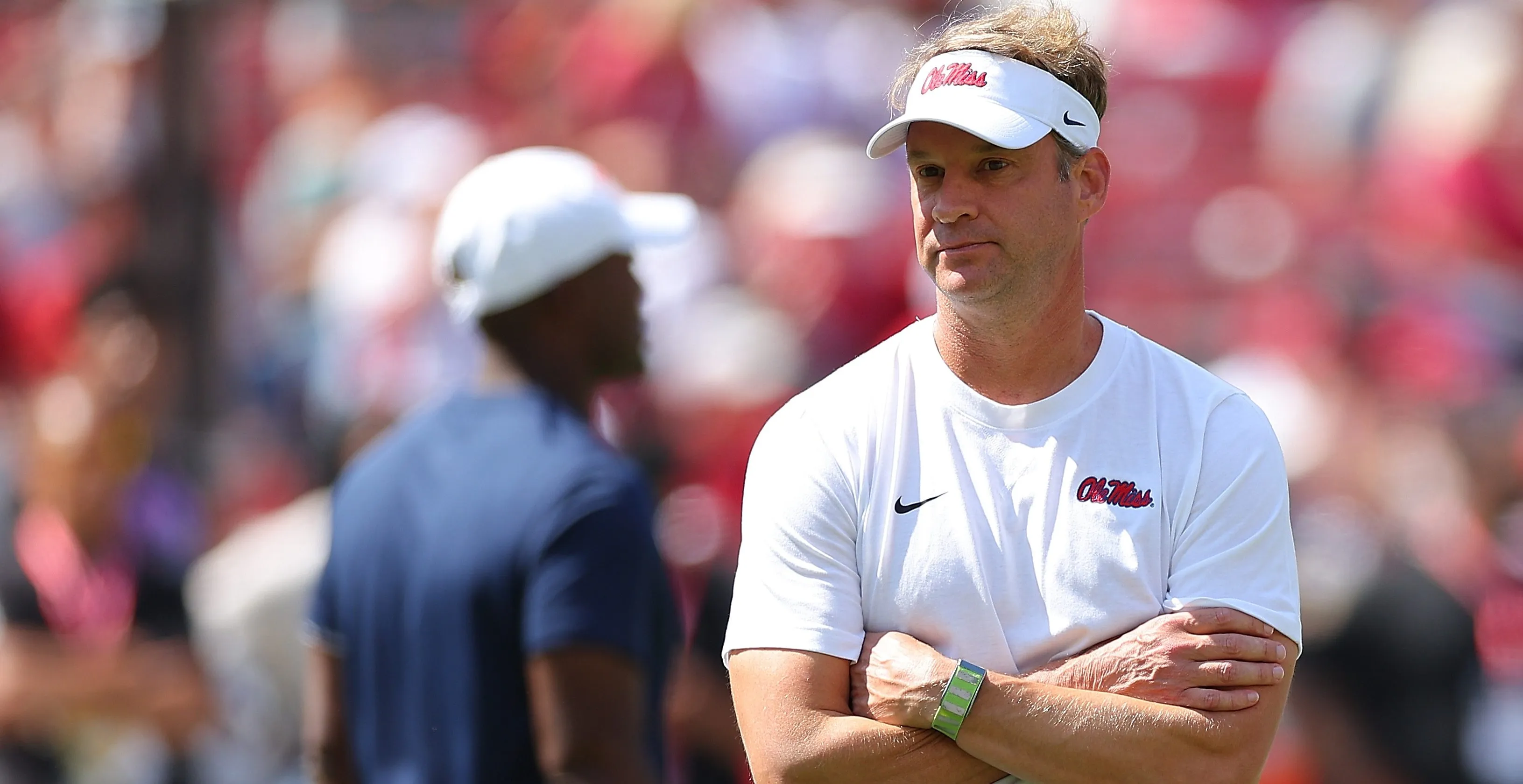 TUSCALOOSA, ALABAMA - SEPTEMBER 23: Head coach Lane Kiffin of the Mississippi Rebels looks on during warmups prior to facing the Alabama Crimson Tide at Bryant-Denny Stadium on September 23, 2023 in Tuscaloosa, Alabama.