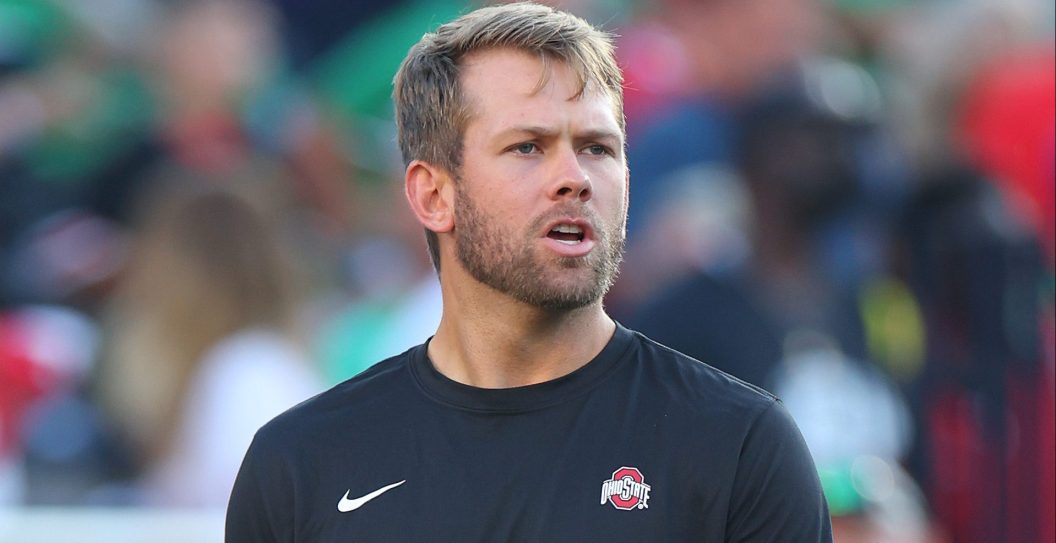 SOUTH BEND, INDIANA - SEPTEMBER 23: Quarterbacks coach Corey Dennis of the Ohio State Buckeyes looks on prior to the game against the Notre Dame Fighting Irish at Notre Dame Stadium on September 23, 2023 in South Bend, Indiana.