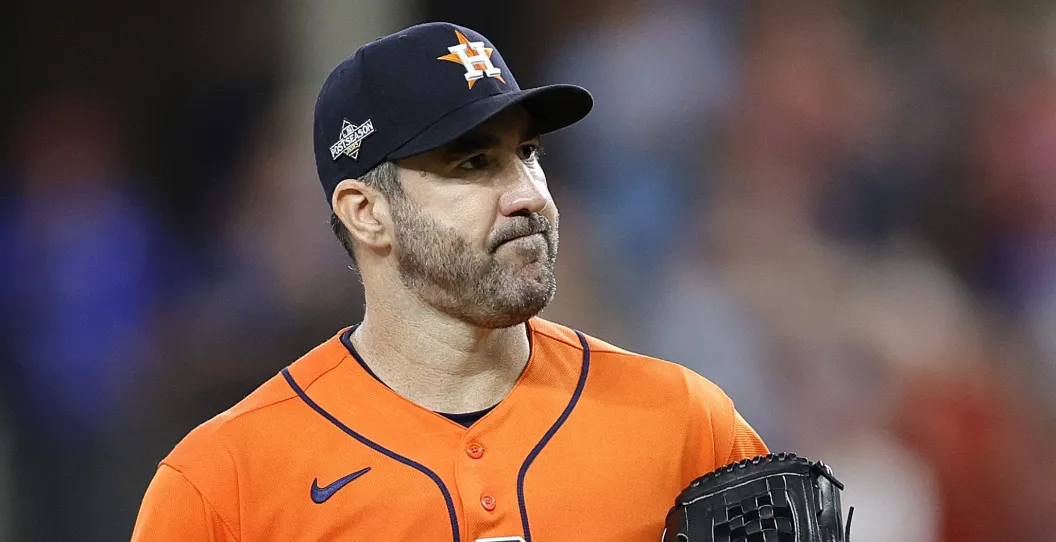 ARLINGTON, TEXAS - OCTOBER 20: Justin Verlander #35 of the Houston Astros reacts against the Texas Rangers during the sixth inning in Game Five of the American League Championship Series at Globe Life Field on October 20, 2023 in Arlington, Texas.
