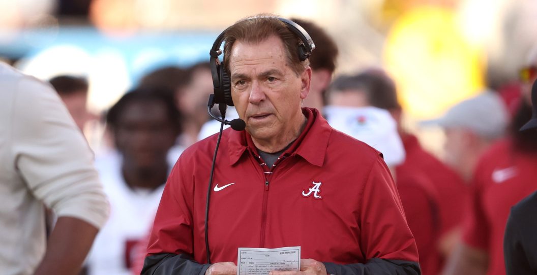PASADENA, CALIFORNIA - JANUARY 01: Head coach Nick Saban of the Alabama Crimson Tide looks on in the second quarter against the Michigan Wolverines during the CFP Semifinal Rose Bowl Game at Rose Bowl Stadium on January 01, 2024 in Pasadena, California.