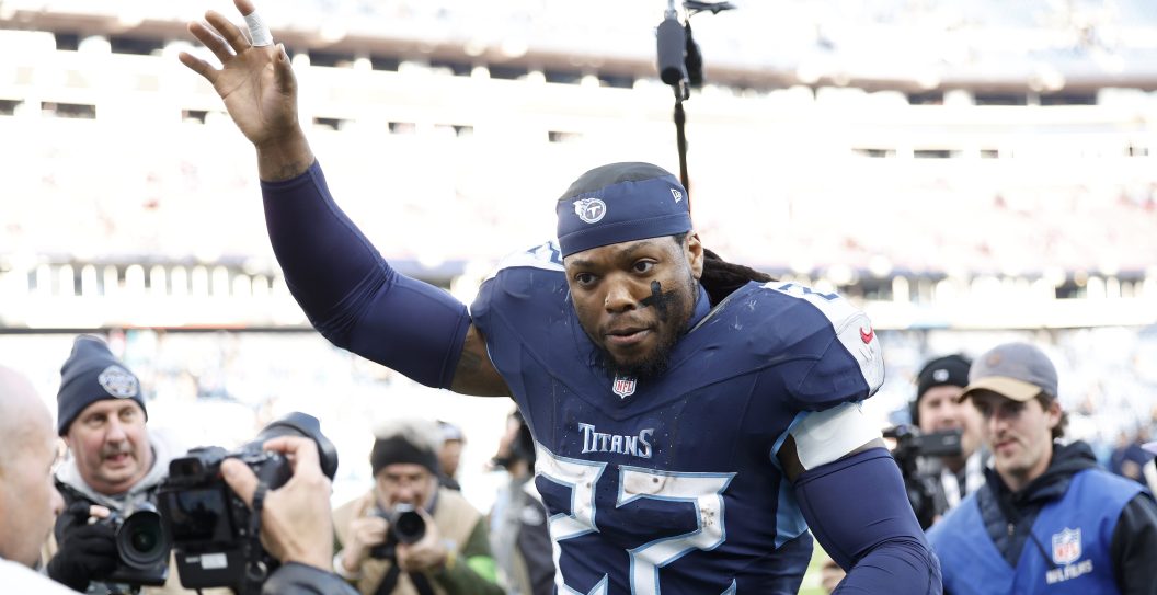 NASHVILLE, TENNESSEE - JANUARY 07: Derrick Henry #22 of the Tennessee Titans runs off the field after the game against the Jacksonville Jaguars at Nissan Stadium on January 07, 2024 in Nashville, Tennessee.