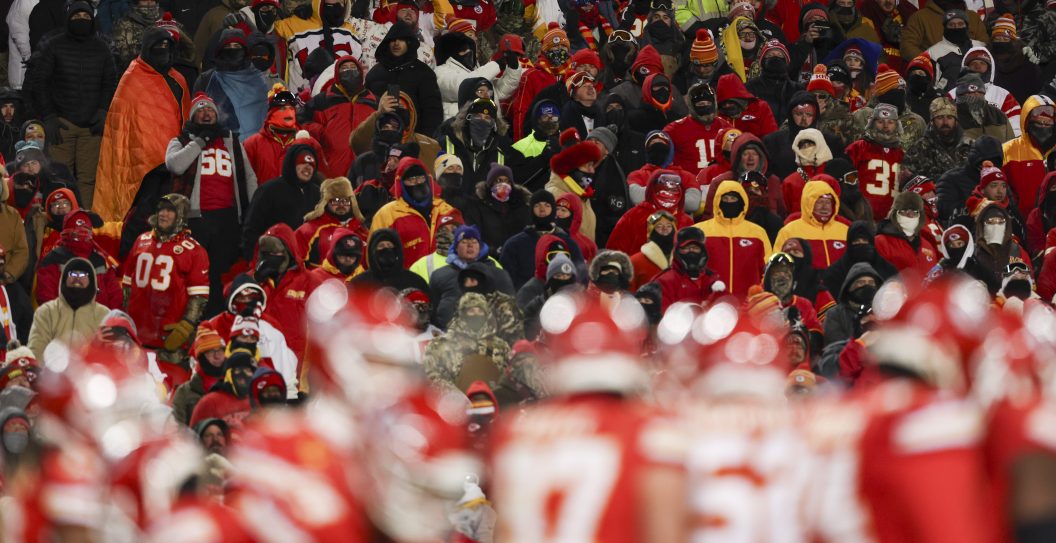 KANSAS CITY, MISSOURI - JANUARY 13: Kansas City Chiefs fans look on during an NFL Super Wild Card Weekend playoff game against the Miami Dolphins at GEHA Field at Arrowhead Stadium on January 13, 2024 in Kansas City, Missouri.