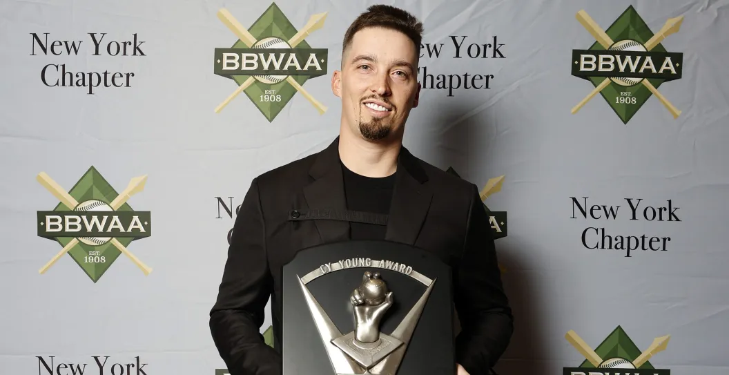 NEW YORK, NEW YORK - JANUARY 27: Former San Diego Padres pitcher Blake Snell poses with the 2023 National League Cy Young Award during the 2024 BBWAA Awards Dinner at New York Hilton Midtown on January 27, 2024 in New York City.