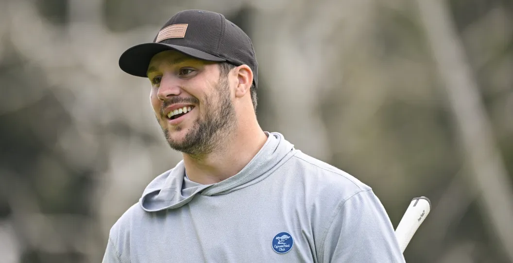 PACIFIC PALISADES, CALIFORNIA - FEBRUARY 14: Buffalo Bills quarterback Josh Allen smiles during the pro-am prior to The Genesis Invitational at Riviera Country Club on February 14, 2024 in Pacific Palisades, California.