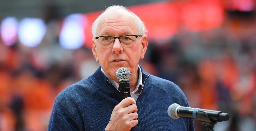 SYRACUSE, NEW YORK - FEBRUARY 24: Former Syracuse Orange head coach Jim Boeheim speaks during the Jim Boeheim Day ceremony following the game against the Notre Dame Fighting Irish at the JMA Wireless Dome on February 24, 2024 in Syracuse, New York. Syracuse won 88-85.