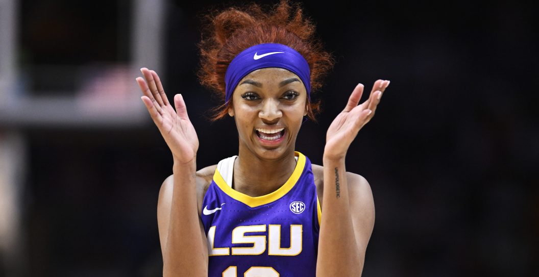 KNOXVILLE, TENNESSEE - FEBRUARY 25: Angel Reese #10 of the LSU Lady Tigers celebrates in the final seconds of their game against the Tennessee Lady Vols in the fourth quarter at Thompson-Boling Arena on February 25, 2024 in Knoxville, Tennessee.