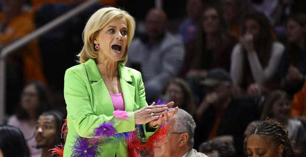 KNOXVILLE, TENNESSEE - FEBRUARY 25: Head coach Kim Mulkey of the LSU Lady Tigers reacts against the Tennessee Lady Vols in the first quarter at Thompson-Boling Arena on February 25, 2024 in Knoxville, Tennessee.