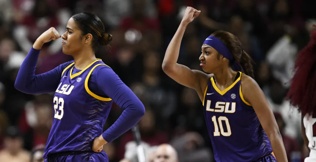 GREENVILLE, SOUTH CAROLINA - MARCH 10: Aalyah Del Rosario #23 of the LSU Lady Tigers celebrates with Angel Reese #10 of the LSU Lady Tigers after a basket and foul against the South Carolina Gamecocks in the third quarter during the championship game of the SEC Women's Basketball Tournament at Bon Secours Wellness Arena on March 10, 2024 in Greenville, South Carolina.