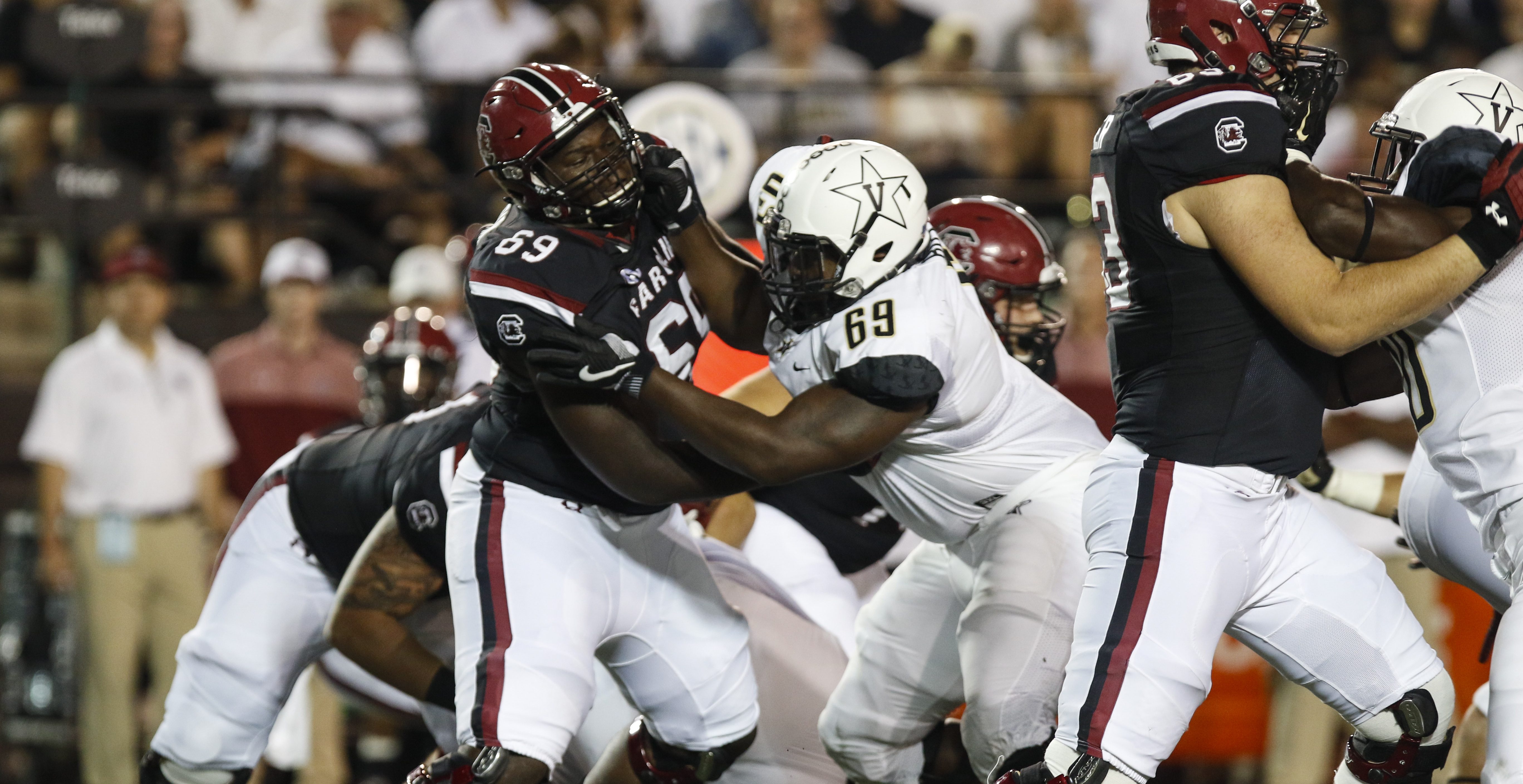 September 1, 2016: Vanderbilt defensive lineman Adam Butler (69) battles against South Carolina offensive lineman D.J. Park (69). South Carolina went on to win 13-10 at Vanderbilt Stadium in Nashville, Tennessee.