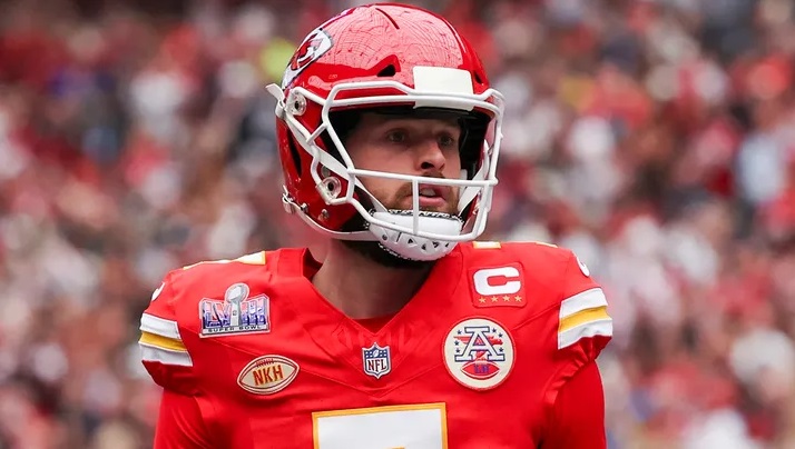 Harrison Butker of the Chiefs during the national anthem prior to the Philadelphia Eagles.