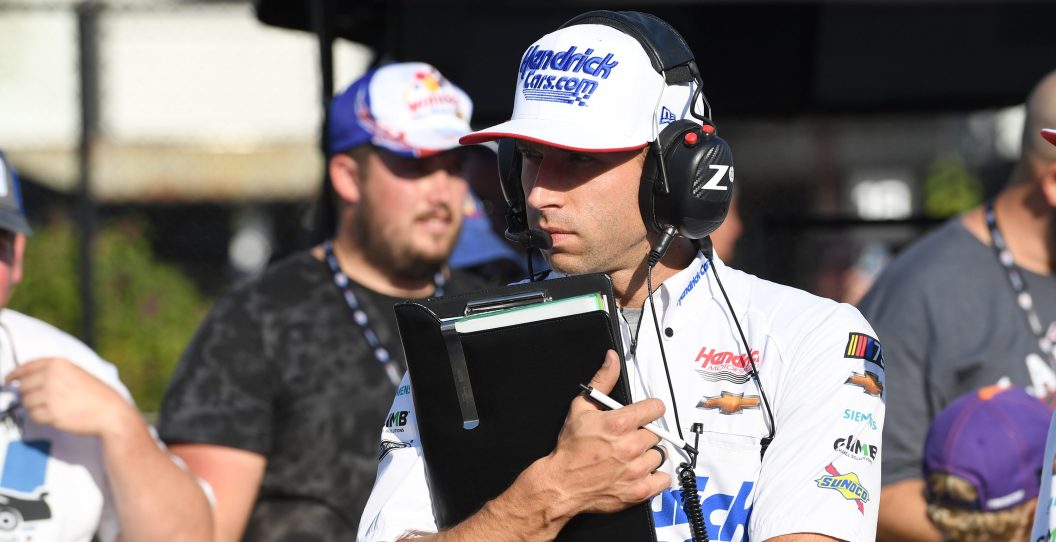 TALLADEGA, AL - SEPTEMBER 30: Cliff Daniels,crew chief for Kyle Larson (#5 Hendrick Motorsports Valvoline/HendrickCars.com Chevrolet) looks on during qualifying for the running of the NASCAR Cup Series Playoff YellaWood 500 on September 30, 2023, at Talladega Superspeedway in Talladega, AL.