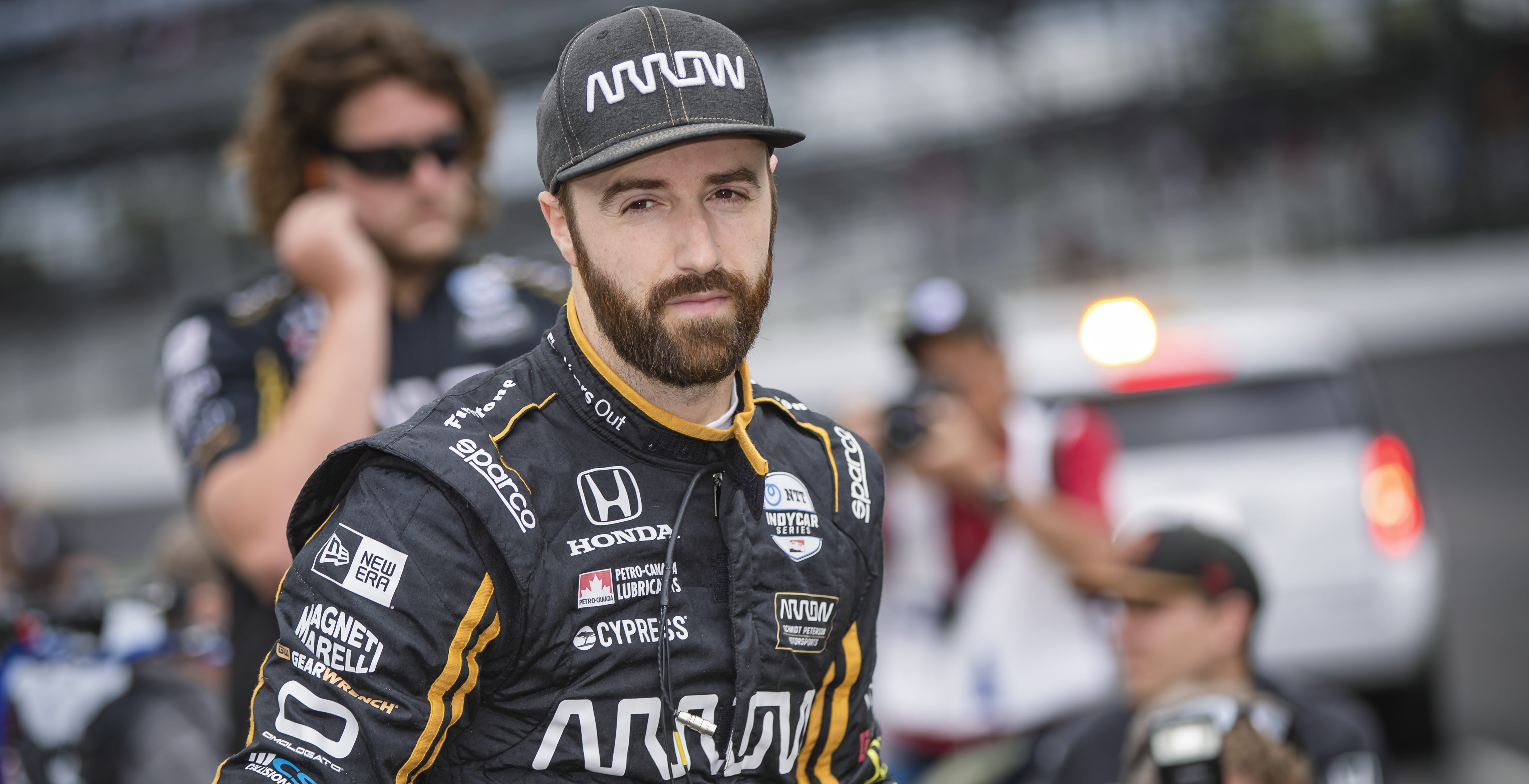 INDIANAPOLIS, IN - MAY 19: James Hinchcliffe #5 of Canada and Arrow Schmidt Peterson Motorsports, is seen in the pit area before his final qualification run for the Indy 500 at Indianapolis Motor Speedway on May 19, 2019 in Indianapolis, Indiana.