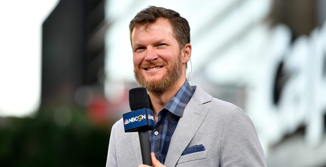 WASHINGTON, DC - JUNE 04: NASCAR personality Dale Earnhardt, Jr. is seen on the of the pre-game telecast prior to Game Four of the Stanley Cup Final between the Washington Capitals and Vegas Golden Knights during the 2018 NHL Stanley Cup Playoffs at Capital One Arena on June 4, 2018 in Washington, DC.