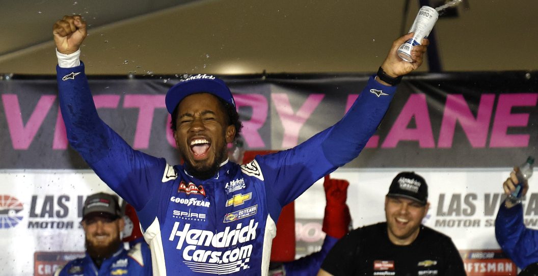 LAS VEGAS, NEVADA - MARCH 01: Rajah Caruth, driver of the #71 HendrickCars.com Chevrolet, celebrates in victory lane after winning the NASCAR Craftsman Truck Series Victoria's Voice Foundation 200 at Las Vegas Motor Speedway on March 01, 2024 in Las Vegas, Nevada.
