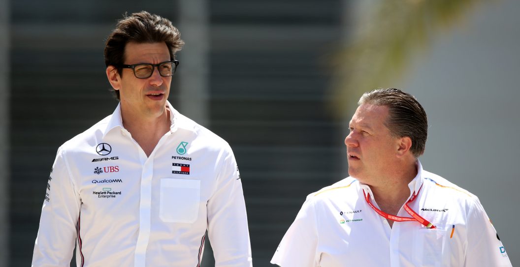 BAHRAIN, BAHRAIN - MARCH 29: Mercedes GP Executive Director Toto Wolff and McLaren Chief Executive Officer Zak Brown talk in the Paddock before practice for the F1 Grand Prix of Bahrain at Bahrain International Circuit on March 29, 2019 in Bahrain, Bahrain.