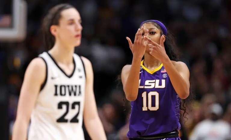Angel Reese of LSU and Caitlin Clark of Iowa meet again. (Getty)