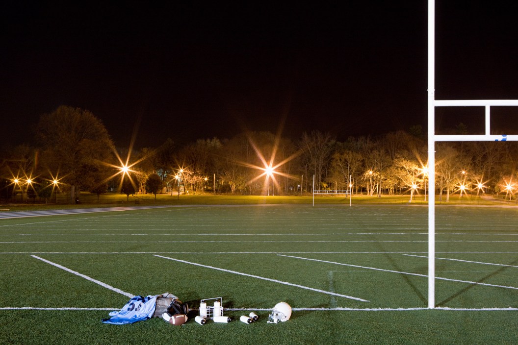 Football field, equipment, helmet, pads