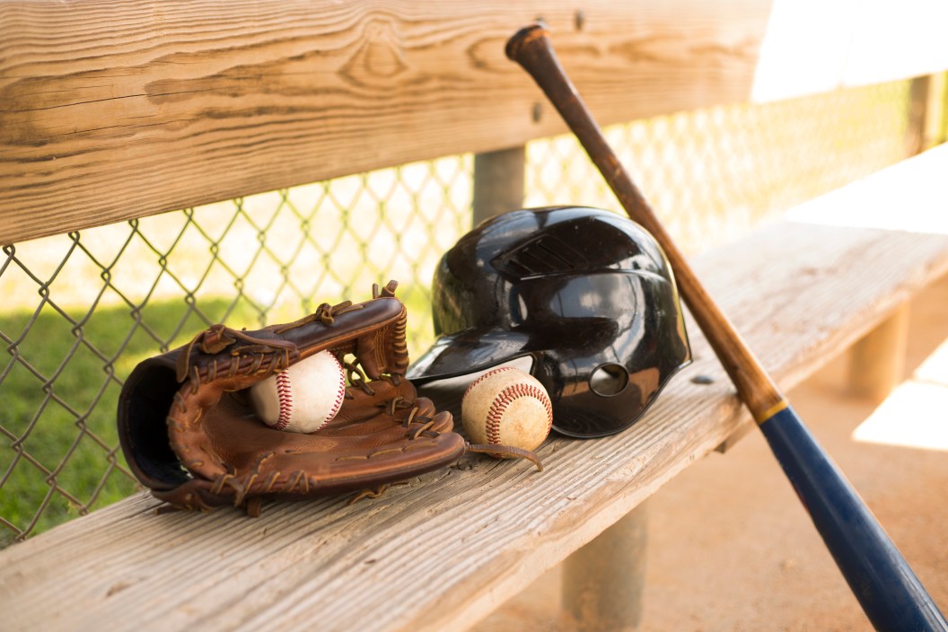 Baseball, bat, hat, glove, dugout
