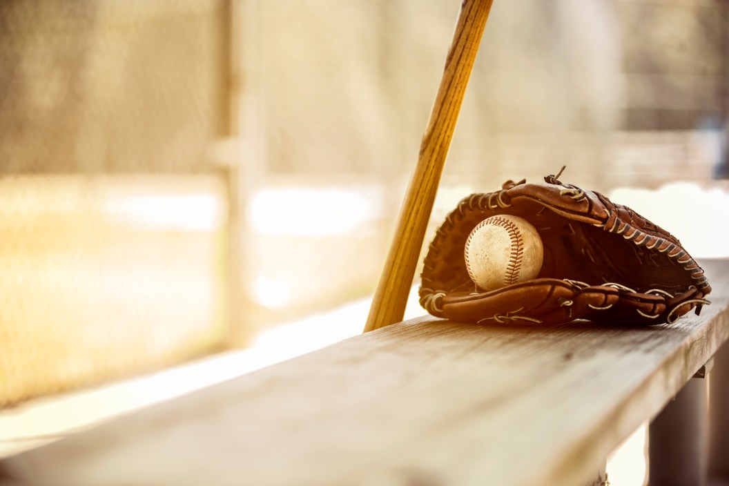 Baseball bat, glove, dugout